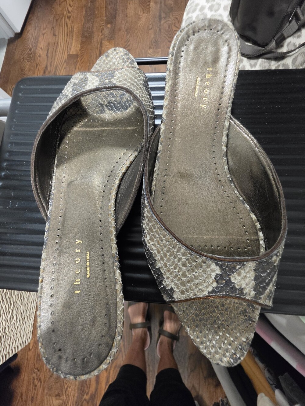 Theory Snake-Print Slide Sandals in Taupe